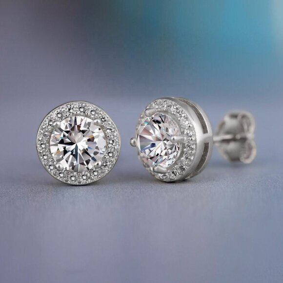 💞 Silver Plated Round Zircon Stud Earrings for Women/Men, UNVN12437 - Picture 1 of 1